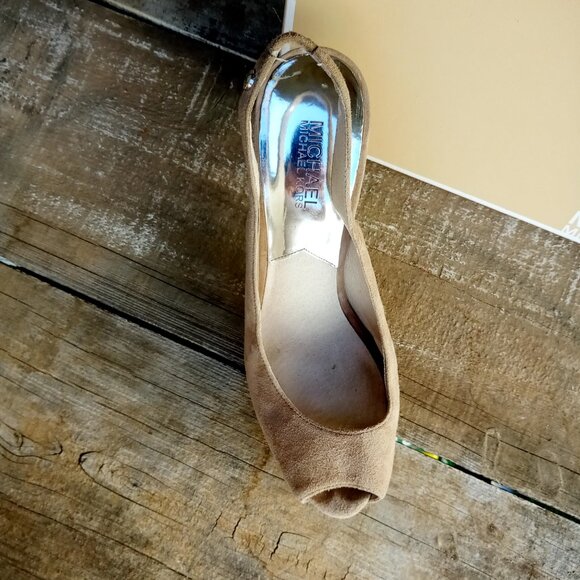 MICHAEL Michael Kors York Peep Toe Sling Back Suede / Wood 4.5" Heel Size 8.5M - Picture 14 of 16